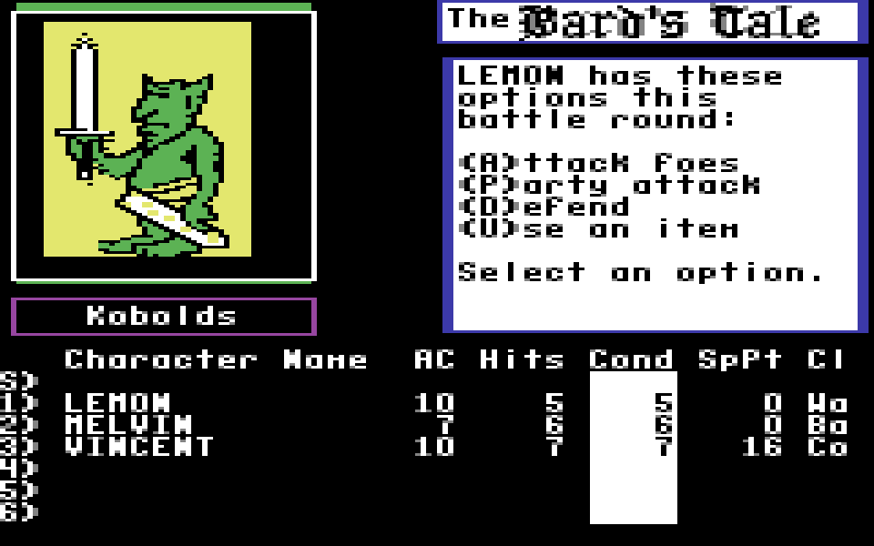 The Bard's Tale on the C64, fighting kobolds