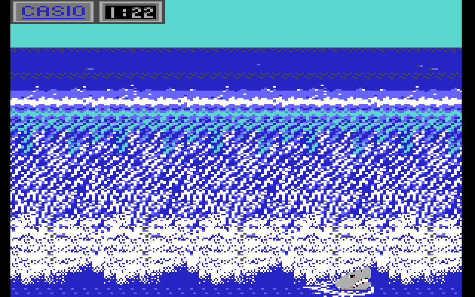 California Games on the C64, a wipeout with a shark fin in the foam