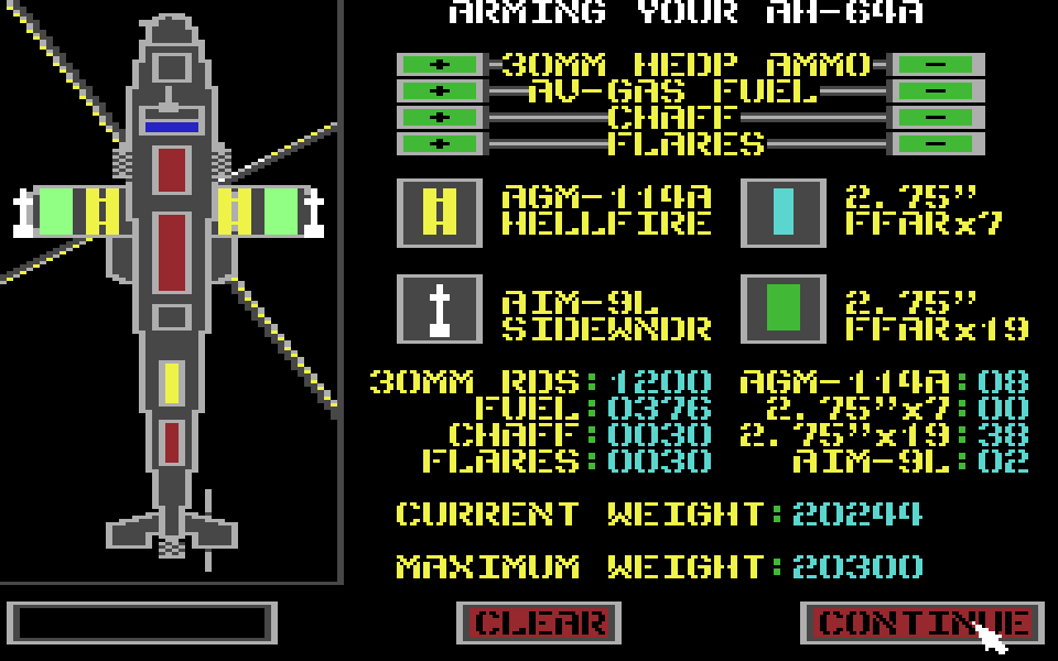 Gunship on the C64, arming the helicopter