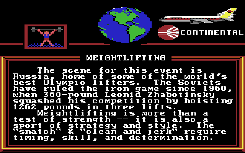 World Games on the C64, the weightlifting introduction